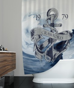 Personalized Nautical Anchor and Waves Shower Curtain, Ocean Bath Decor
