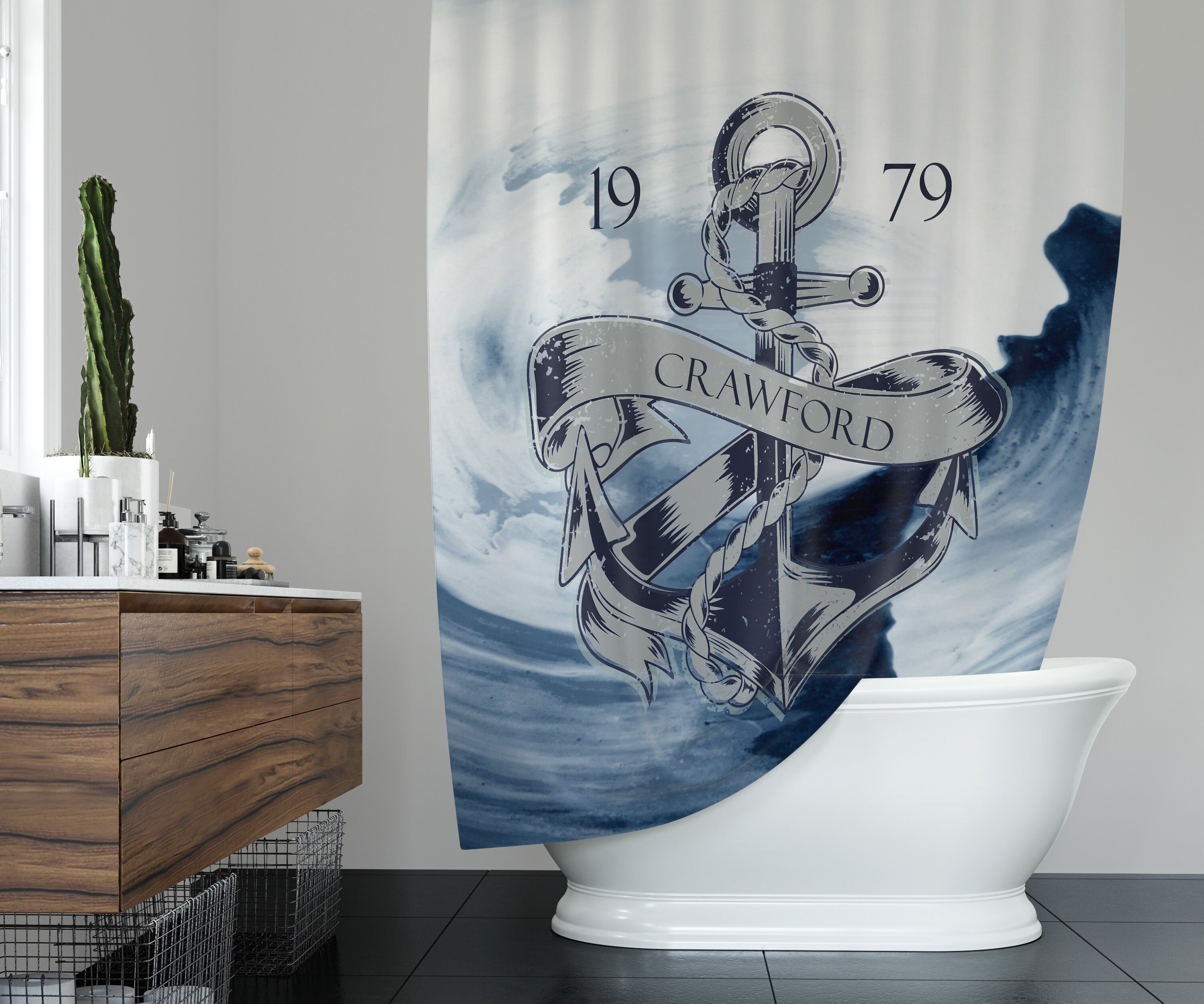 Personalized Nautical Anchor and Waves Shower Curtain, Ocean Bath Decor