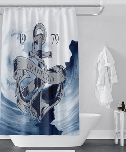 Personalized Nautical Anchor and Waves Shower Curtain, Ocean Bath Decor