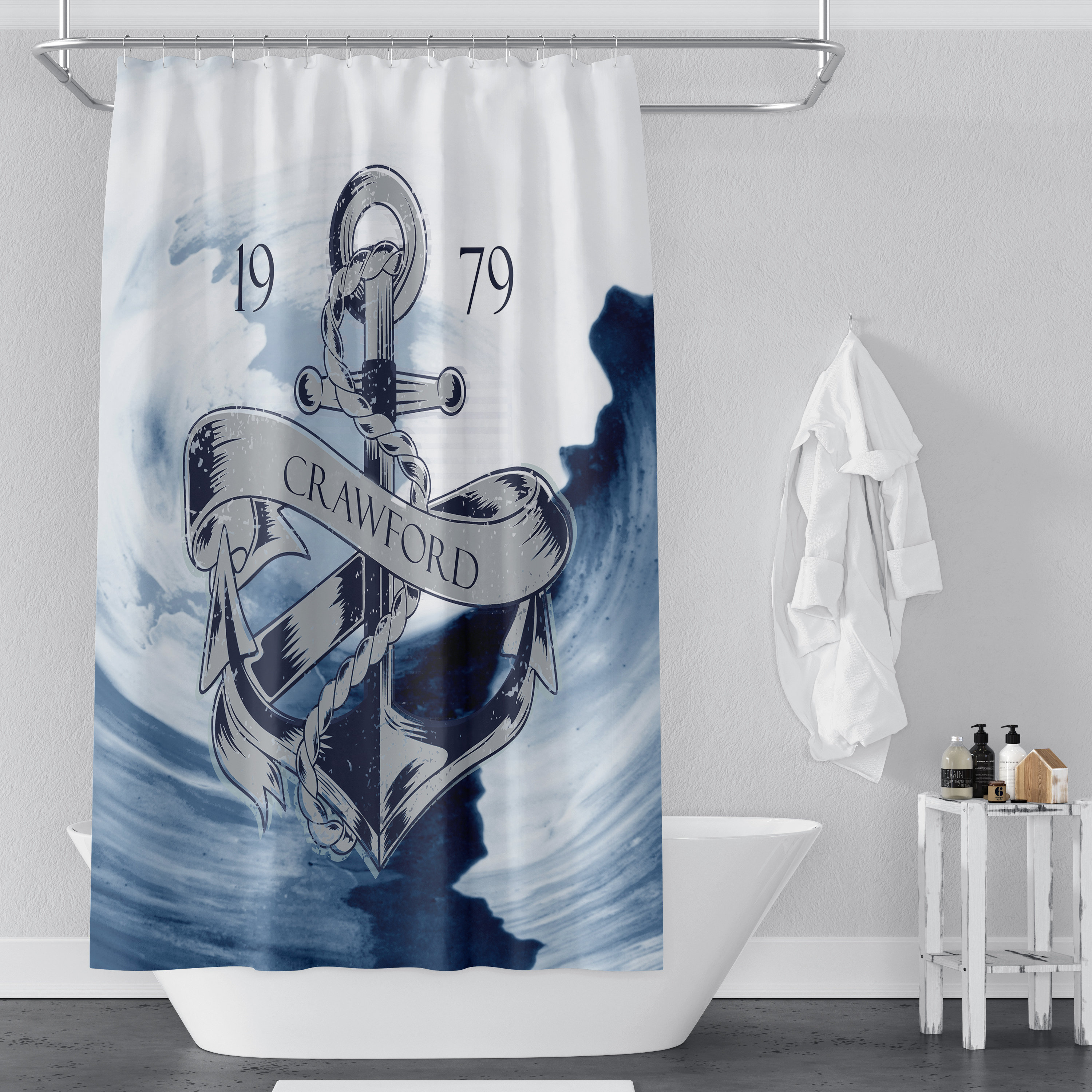 Personalized Nautical Anchor and Waves Shower Curtain, Ocean Bath Decor
