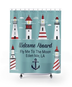 Personalized Nautical Lighthouse Shower Curtain With Boat Accessories, Coastal Lake House Bathroom Decor