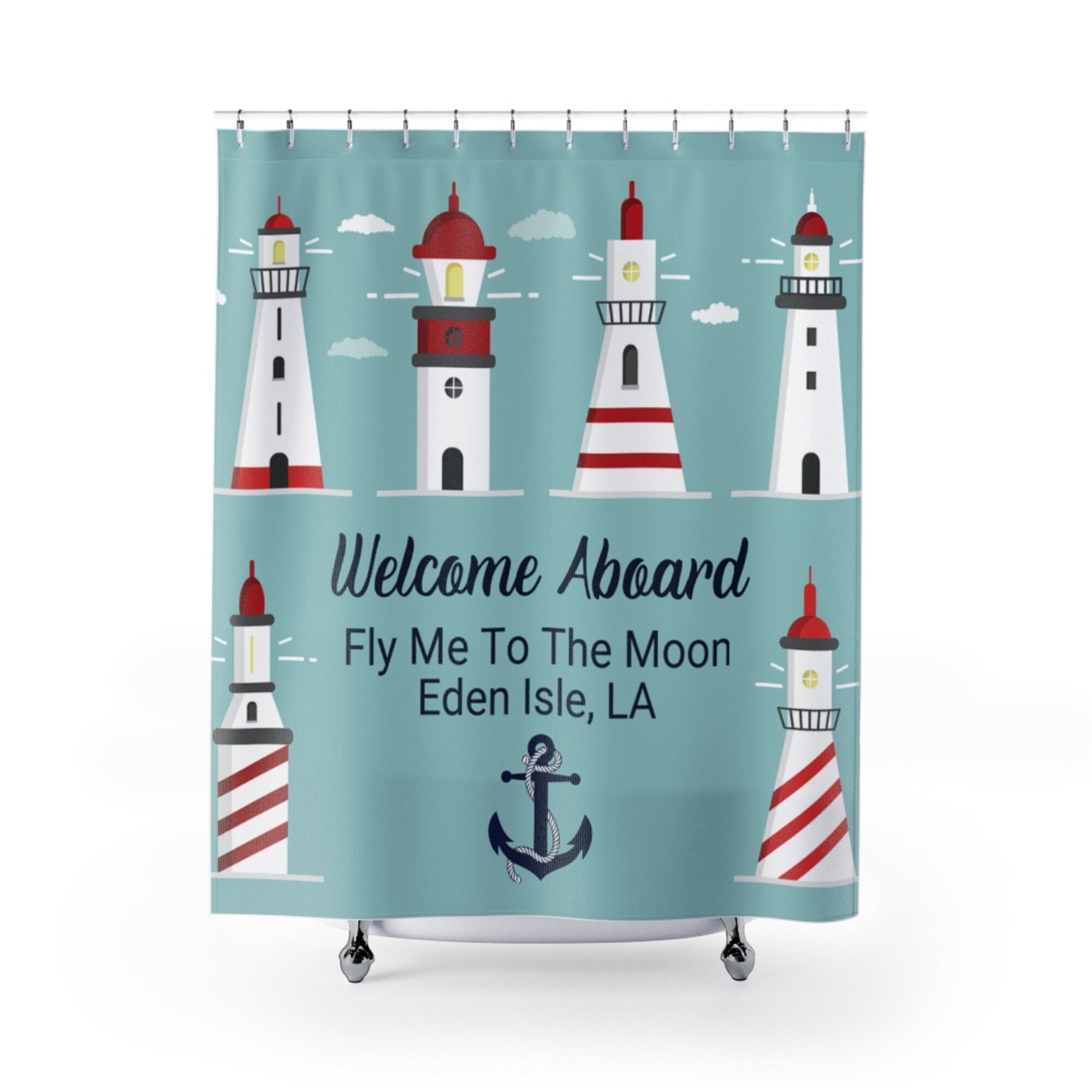 Personalized Nautical Lighthouse Shower Curtain With Boat Accessories, Coastal Lake House Bathroom Decor