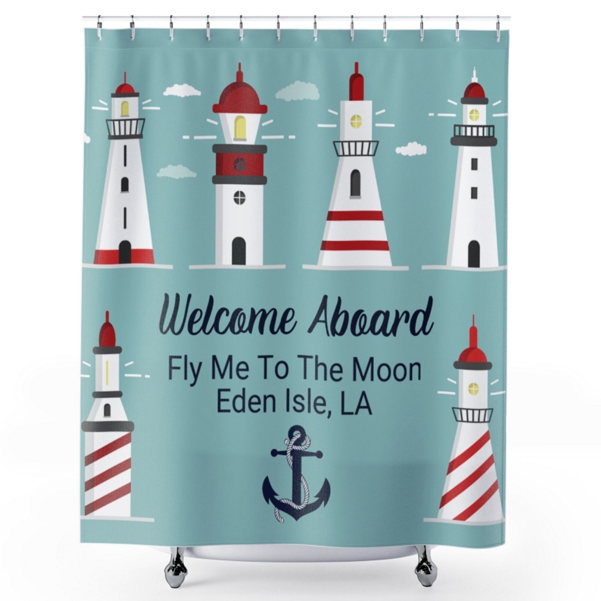 Personalized Nautical Lighthouse Shower Curtain With Boat Accessories, Coastal Lake House Bathroom Decor - Image 2