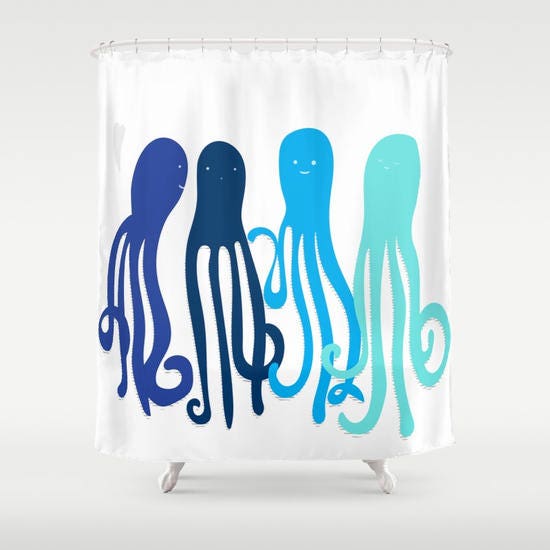 Personalized Nautical Octopus Shower Curtain, Art Print Design in Color for Beachy Bathroom Decor