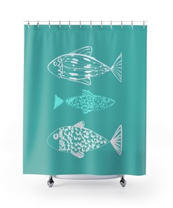 Personalized Nautical Shower Curtain with Fish Print Background, Beach Cottage Bathroom Decor with Customized Design 