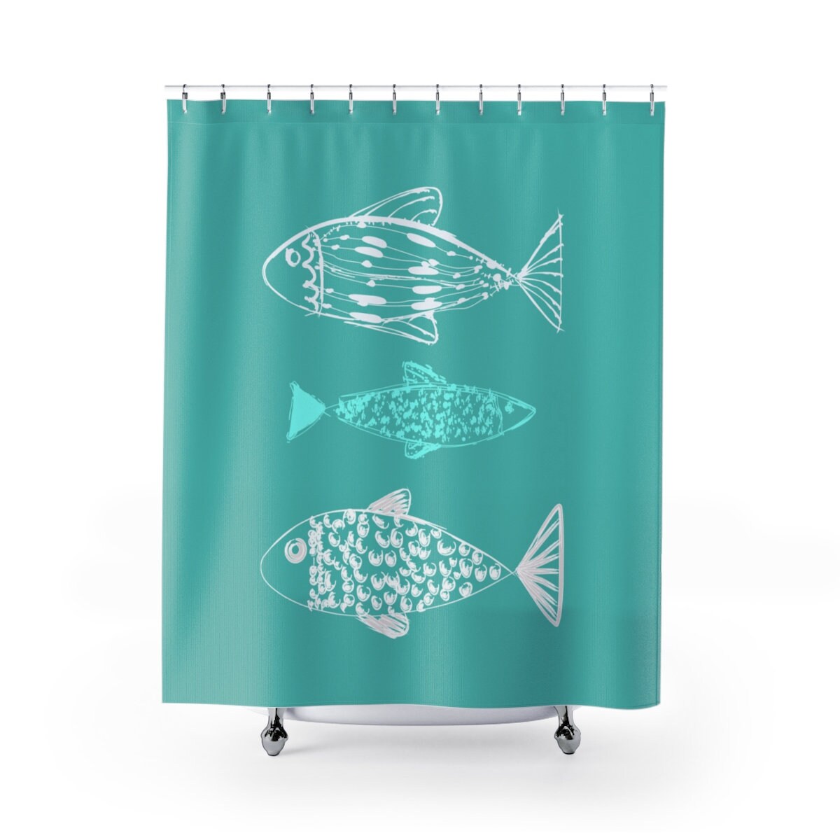 Personalized Nautical Shower Curtain with Fish Print Background, Beach Cottage Bathroom Decor with Customized Design