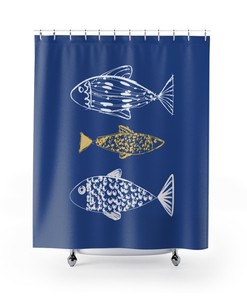 Personalized Nautical Shower Curtain with Fish Print Background, Beach Cottage Bathroom Decor with Customized Design