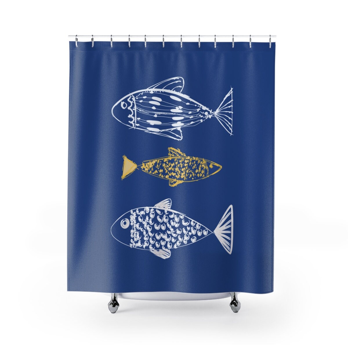 Personalized Nautical Shower Curtain with Fish Print Background, Beach Cottage Bathroom Decor with Customized Design
