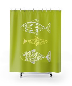 Personalized Nautical Shower Curtain with Fish Print Background, Beach Cottage Bathroom Decor with Customized Design