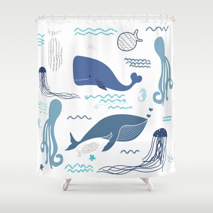 Personalized Nautical Whale Shower Curtain for Coastal Bathroom