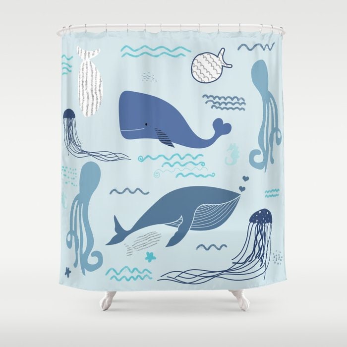 Personalized Nautical Whale Shower Curtain for Coastal Bathroom