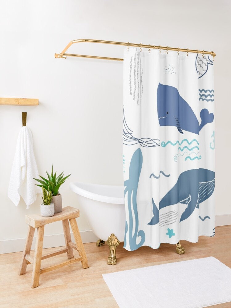 Personalized Nautical Whale Shower Curtain for Coastal Bathroom