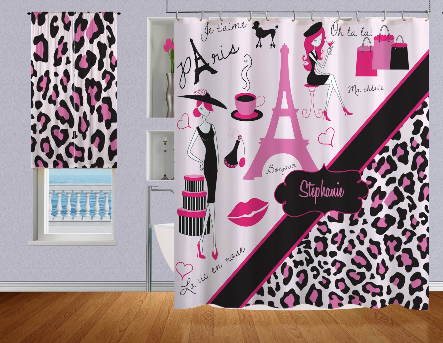 Personalized Paris Cheetah Print Shower Curtain with Fabric and Unique Design