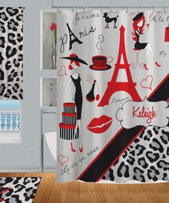 Personalized Paris Shower Curtain with Cheetah Print and Customized Eiffel Tower Design