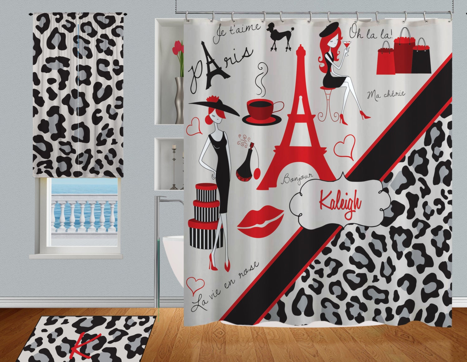 Personalized Paris Shower Curtain with Cheetah Print and Customized Eiffel Tower Design