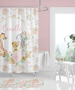 Personalized Pink Floral Shower Curtain, Jungle Safari Elephant And Giraffe Print - Kids Bathroom Decor