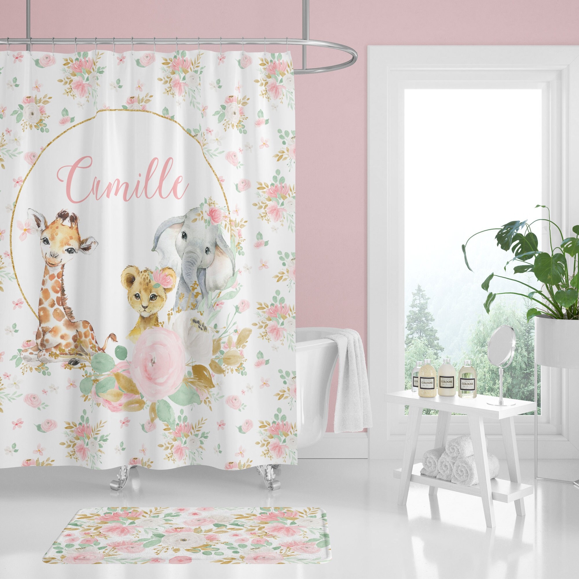 Personalized Pink Floral Shower Curtain, Jungle Safari Elephant And Giraffe Print - Kids Bathroom Decor