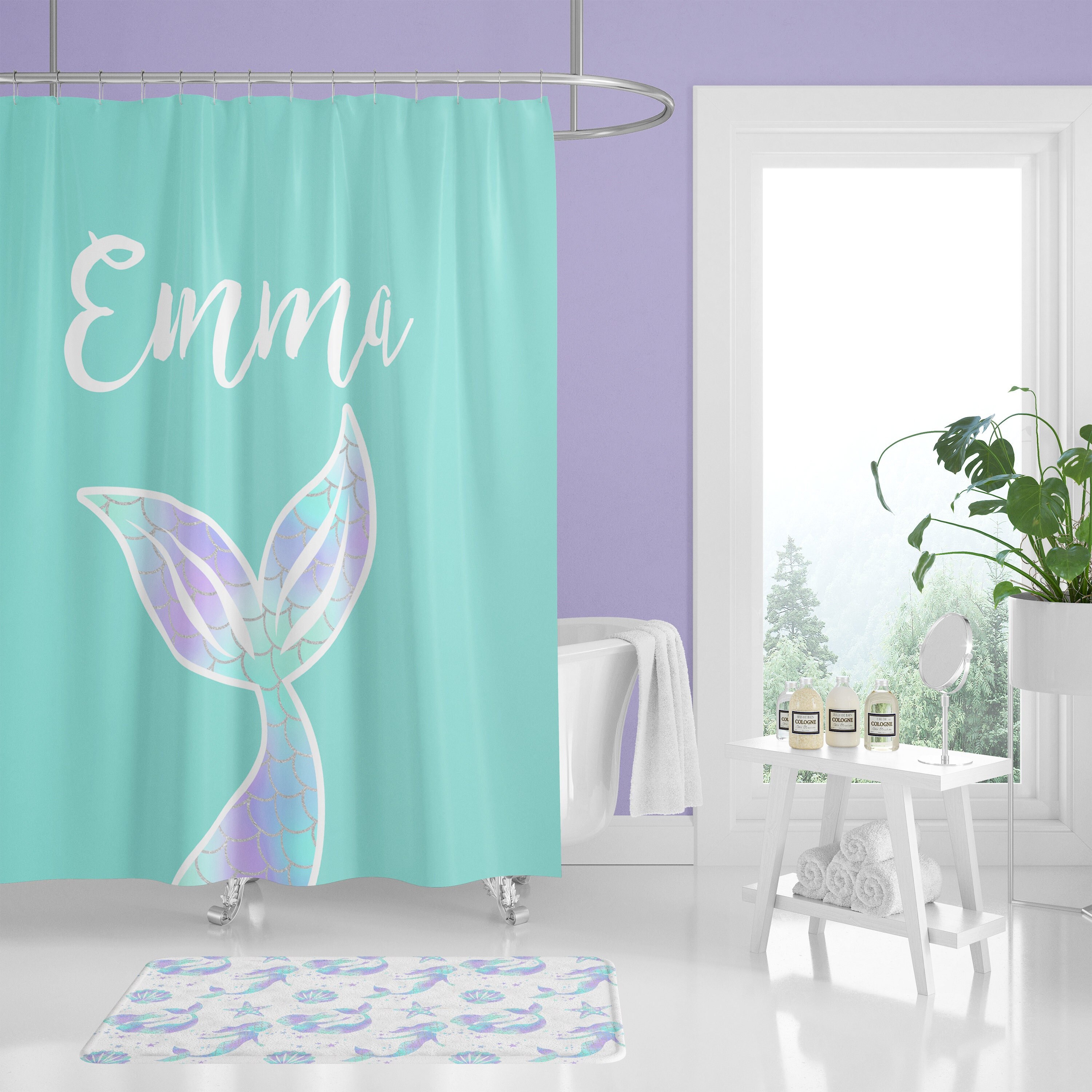 Personalized Pink Mermaid Tail Shower Curtain for Girls' Bathroom