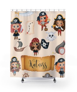 Personalized Pirate Girl Shower Curtain for Kids Bathroom Decor