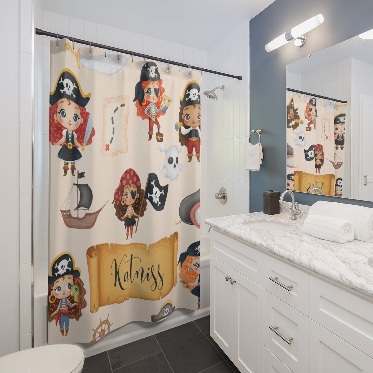 Personalized Pirate Girl Shower Curtain for Kids Bathroom Decor