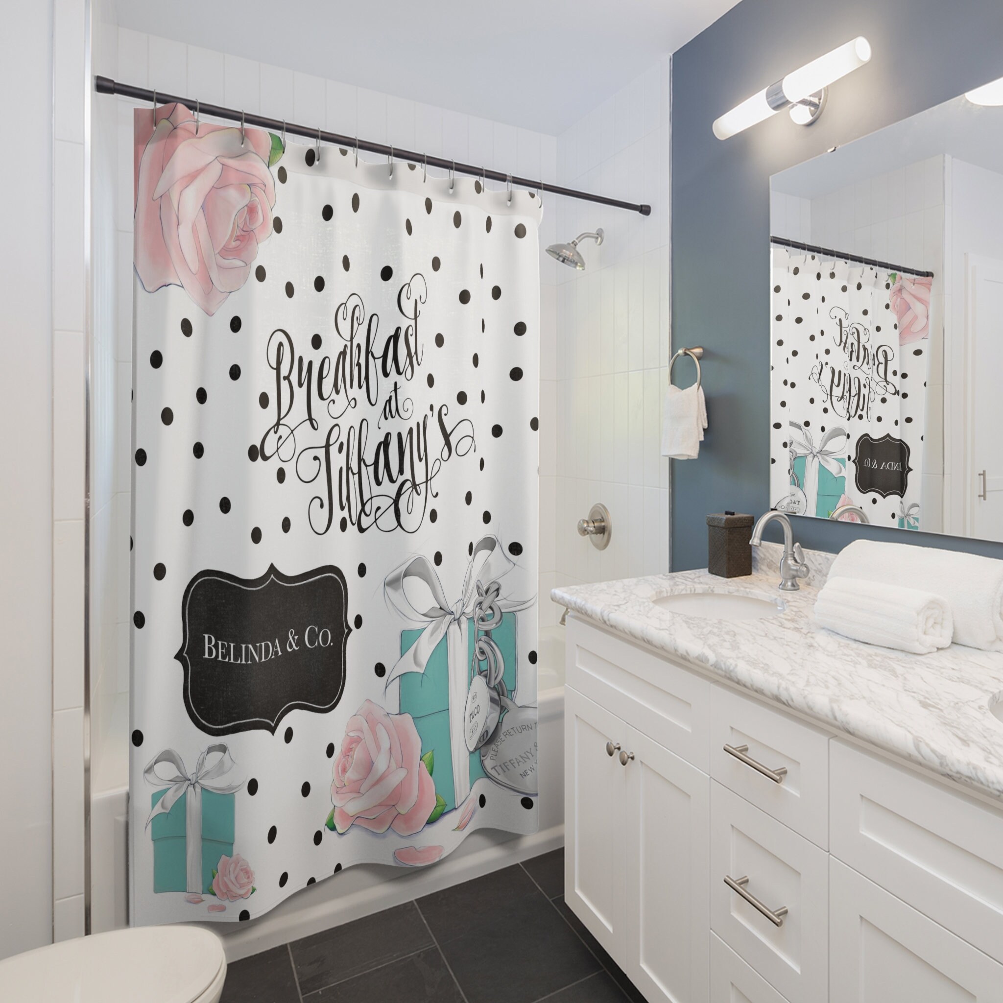 Personalized Polka Dot Rose Fashion Breakfast At Tiffany'S Bathroom Curtain - Image 2