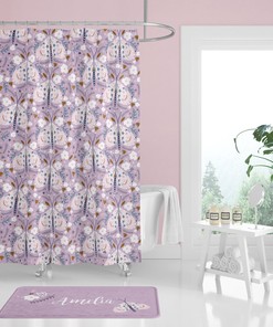 Personalized Purple Girls Room Shower Curtain with Butterfly and Star Decor