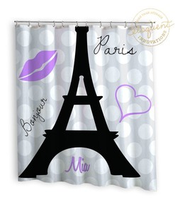 Personalized Purple Paris Shower Curtain For Girls With Eiffel Tower Design