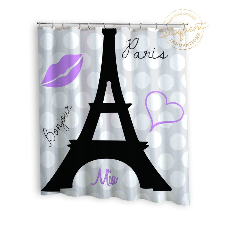Personalized Purple Paris Shower Curtain For Girls With Eiffel Tower Design