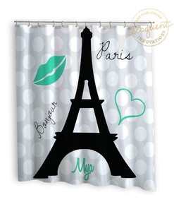 Personalized Teal Eiffel Tower Shower Curtain For Kids Bathroom Decor