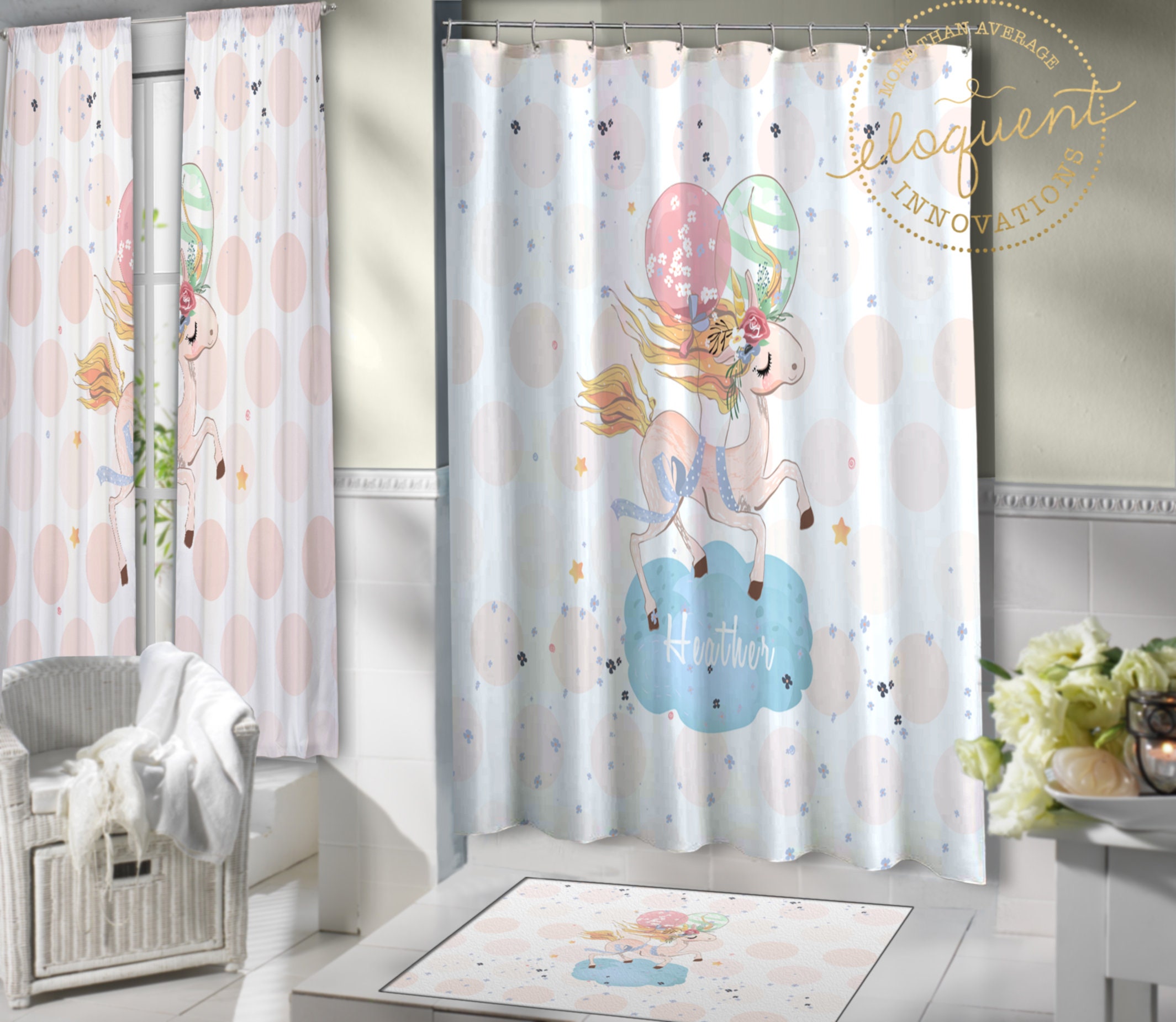 Personalized Unicorn Shower Curtain with Name for Kids Bathroom Decor