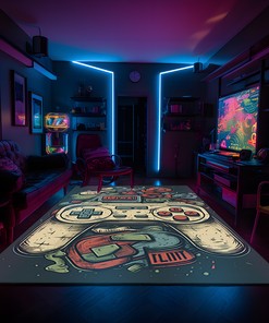 Personalized Vintage Game Room with Customizable Shufflezone Game Controller Area Rug for Teen Boys