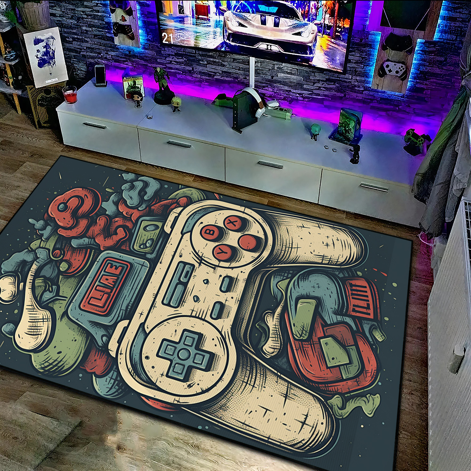 Personalized Vintage Game Room with Customizable Shufflezone Game Controller Area Rug for Teen Boys - Image 3