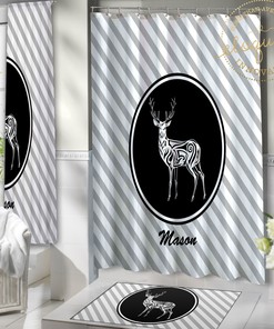 Personalized White Striped Whitetail Deer Shower Curtain with Name, Ideal for Kids and Boys Bathroom Decor