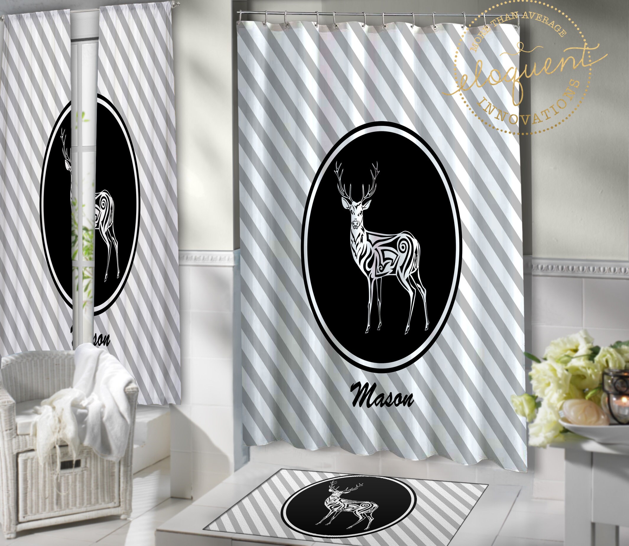 Personalized White Striped Whitetail Deer Shower Curtain with Name, Ideal for Kids and Boys Bathroom Decor