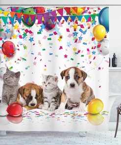 Pet Dogs Cats Print Birthday Party Shower Curtain For Bathroom - Waterproof Fabric
