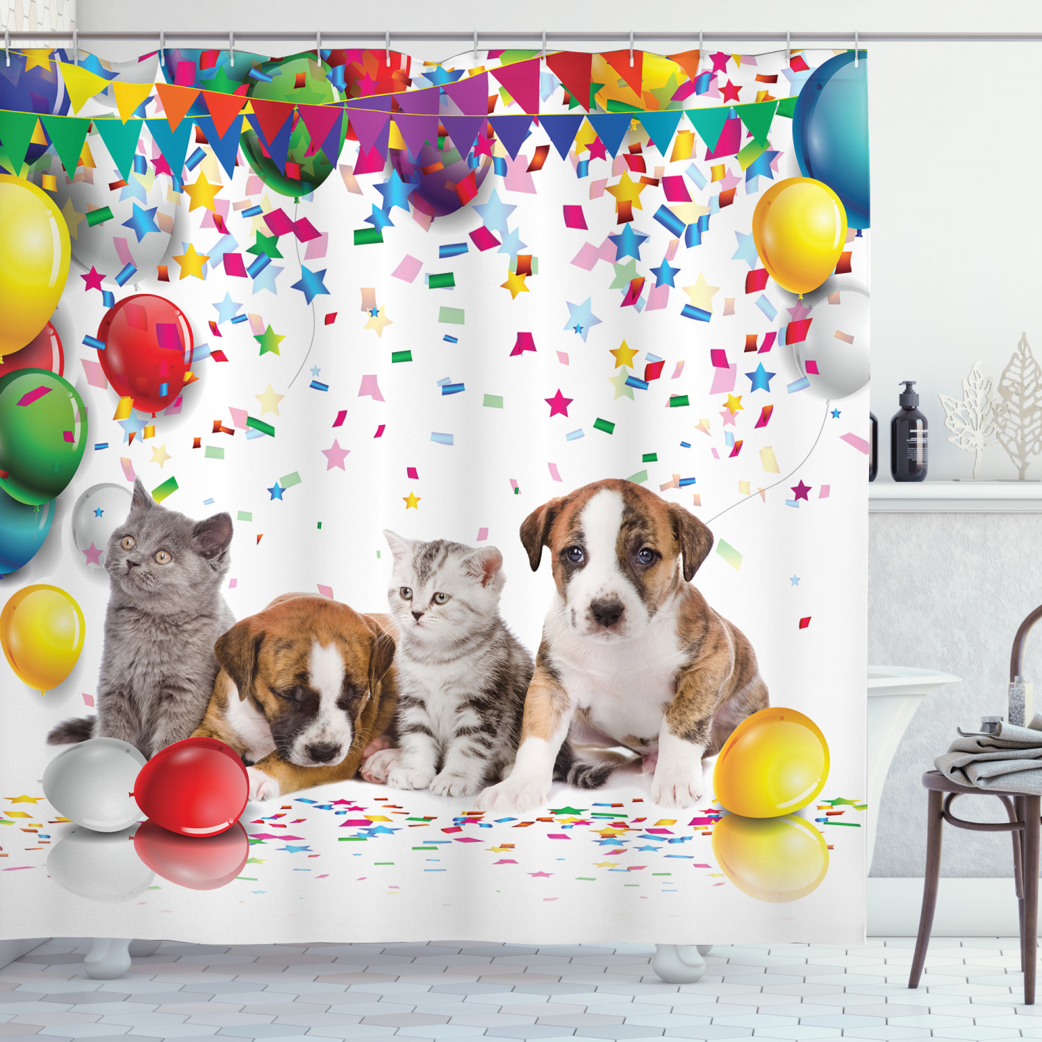 Pet Dogs Cats Print Birthday Party Shower Curtain For Bathroom - Waterproof Fabric - Image 3