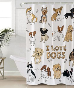Pet Pug Shiba Inu I Love Dogs Shower Curtain Set for Bathroom Decor 