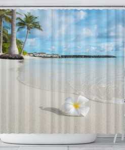 Petal Beach Shower Curtain with a Window Sea View and Tropical Beach Design