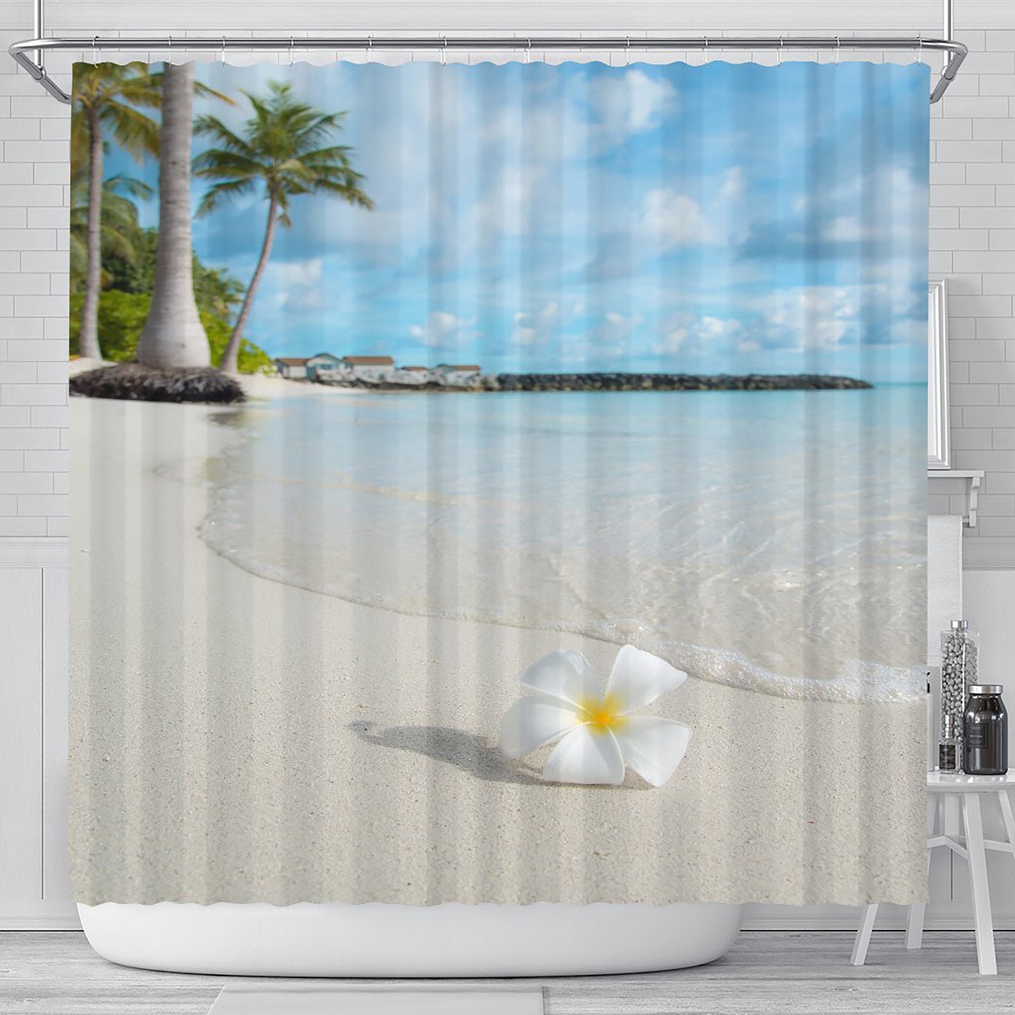 Petal Beach Shower Curtain with a Window Sea View and Tropical Beach Design