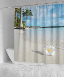 Petal Beach Shower Curtain with a Window Sea View and Tropical Beach Design