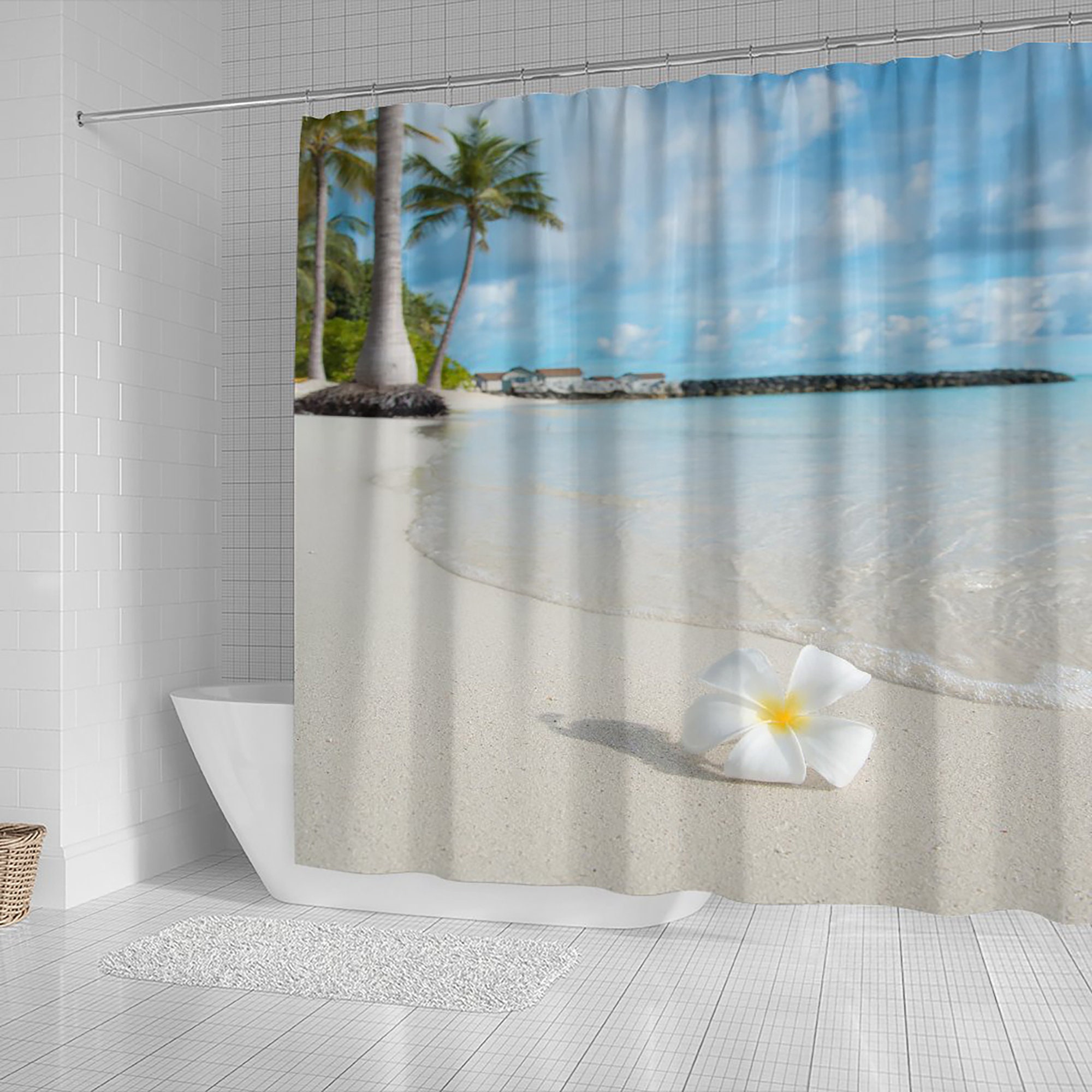 Petal Beach Shower Curtain with a Window Sea View and Tropical Beach Design