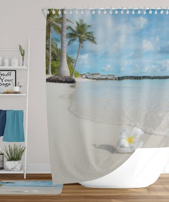 Petal Beach Shower Curtain with a Window Sea View and Tropical Beach Design