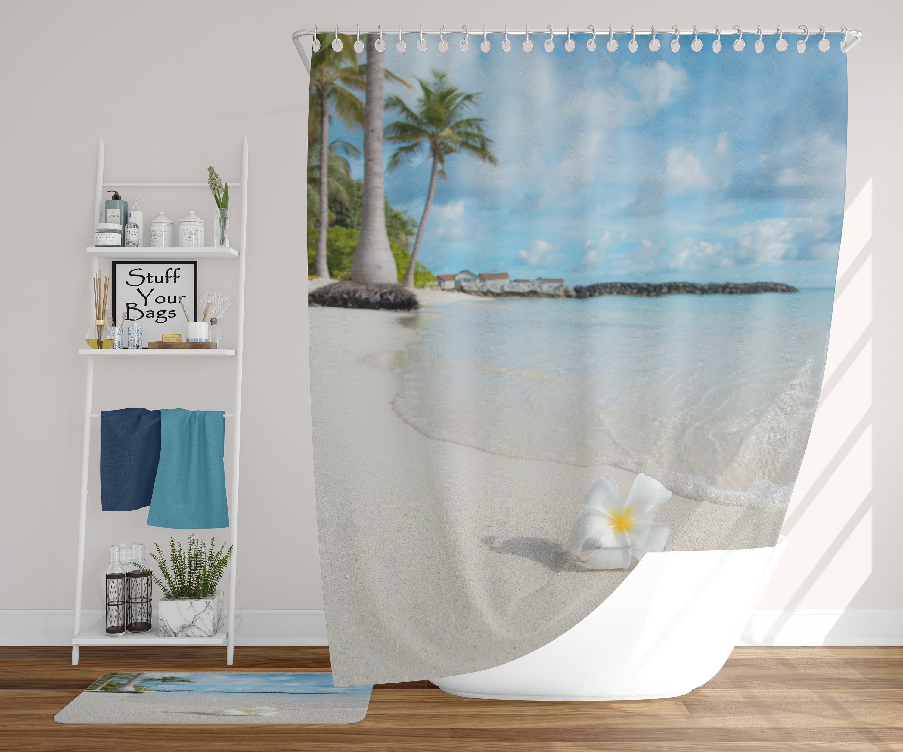 Petal Beach Shower Curtain with a Window Sea View and Tropical Beach Design