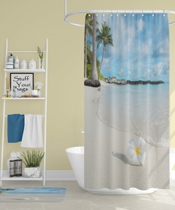 Petal Beach Shower Curtain with a Window Sea View and Tropical Beach Design