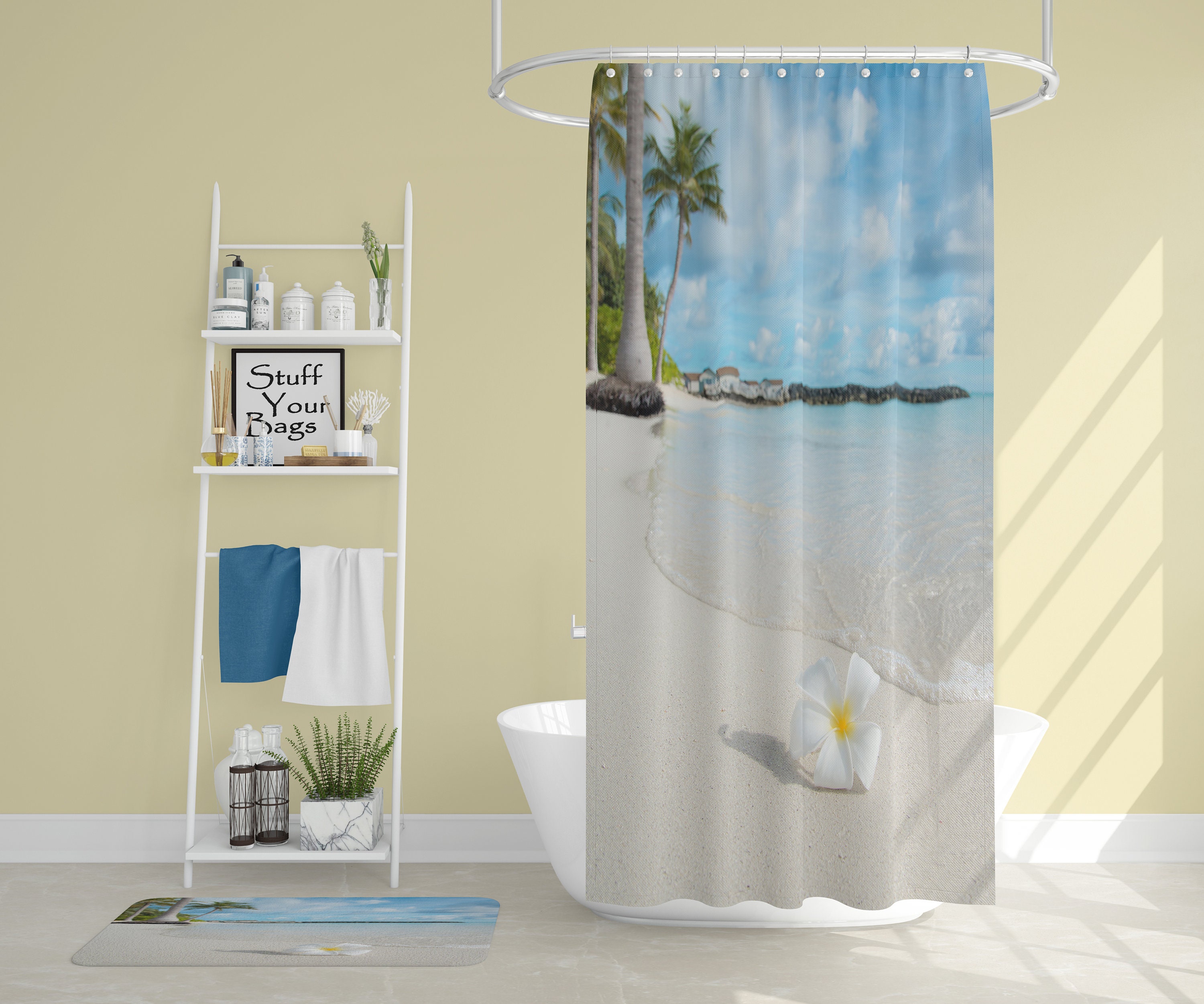 Petal Beach Shower Curtain with a Window Sea View and Tropical Beach Design