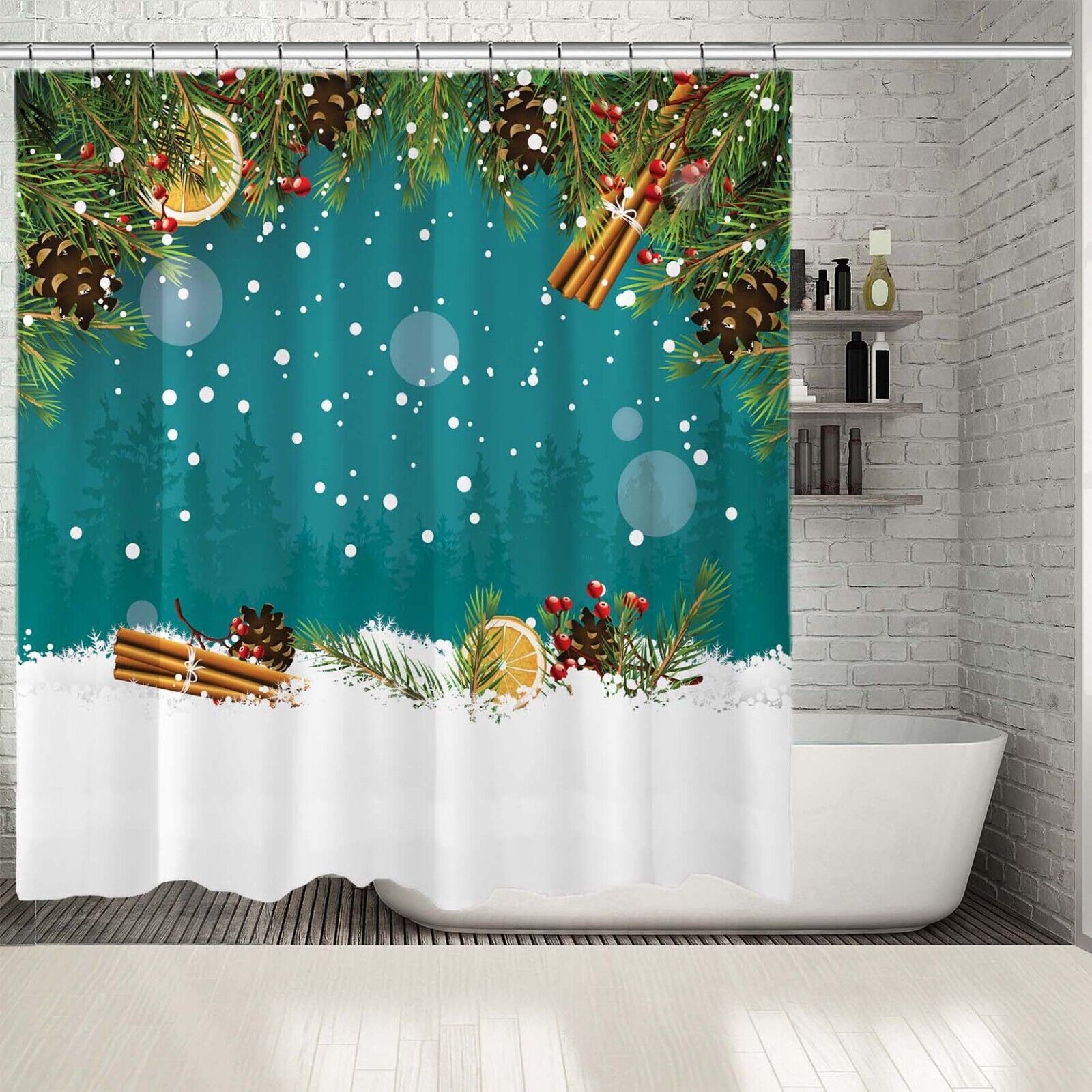 Petite Pine Cones And Berries Christmas Shower Curtain - Waterproof Fabric Bathroom Decor - Image 2