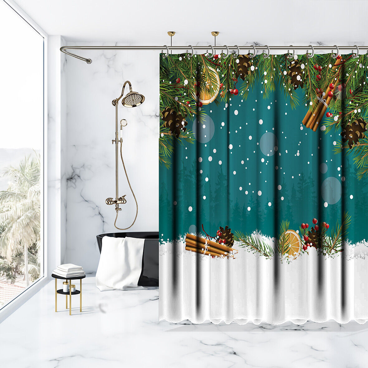 Petite Pine Cones And Berries Christmas Shower Curtain - Waterproof Fabric Bathroom Decor - Image 3