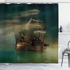Phantasmagoric Old Ship Sailing Shower Curtain, Calm Sea And Misty Weather Cloth Fabric Bathroom Decors
