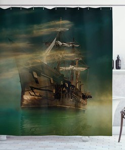 Phantasmagoric Old Ship Sailing Shower Curtain, Calm Sea And Misty Weather Cloth Fabric Bathroom Decors