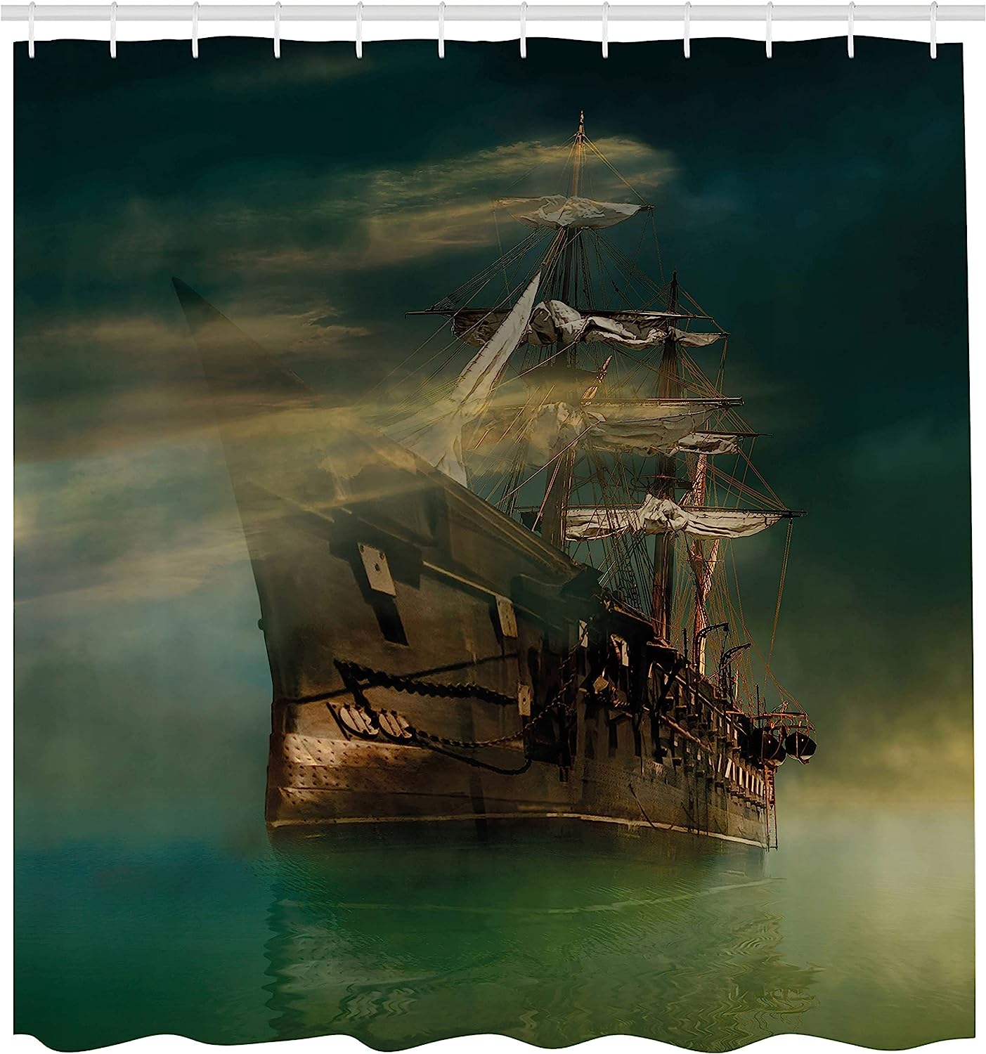 Phantasmagoric Old Ship Sailing Shower Curtain, Calm Sea And Misty Weather Cloth Fabric Bathroom Decors - Image 2